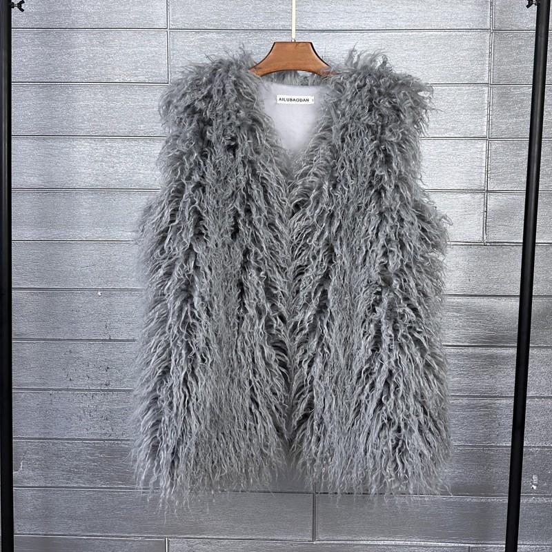 Plus Size Faux Shearling Vest Mid-Length Fur Coat Warm Sleeveless Jacket Women