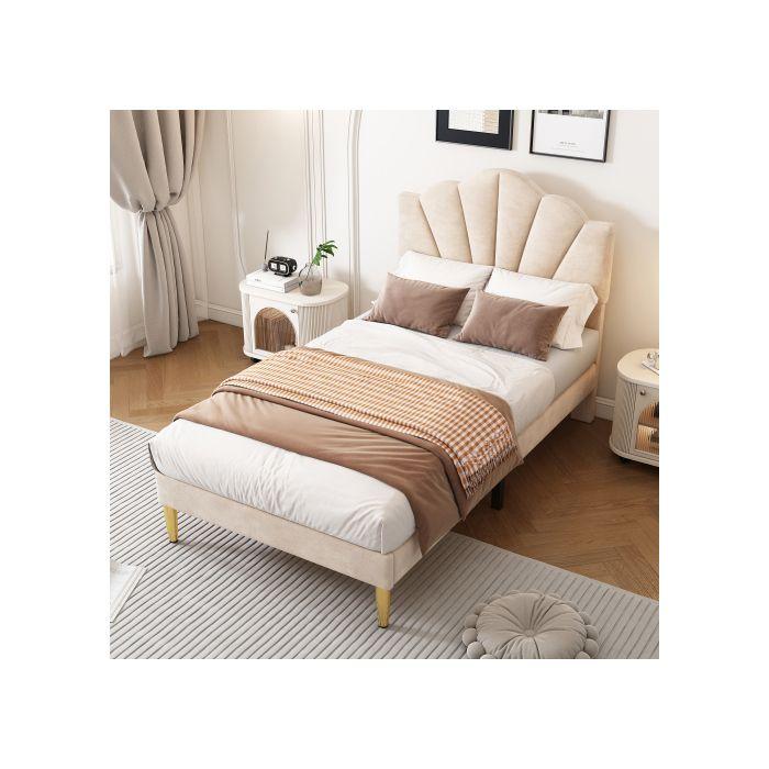 Lit capitonné - MUVOE - 90x200 cm - Velours beige - Tête de lit réglable - Design contemporain