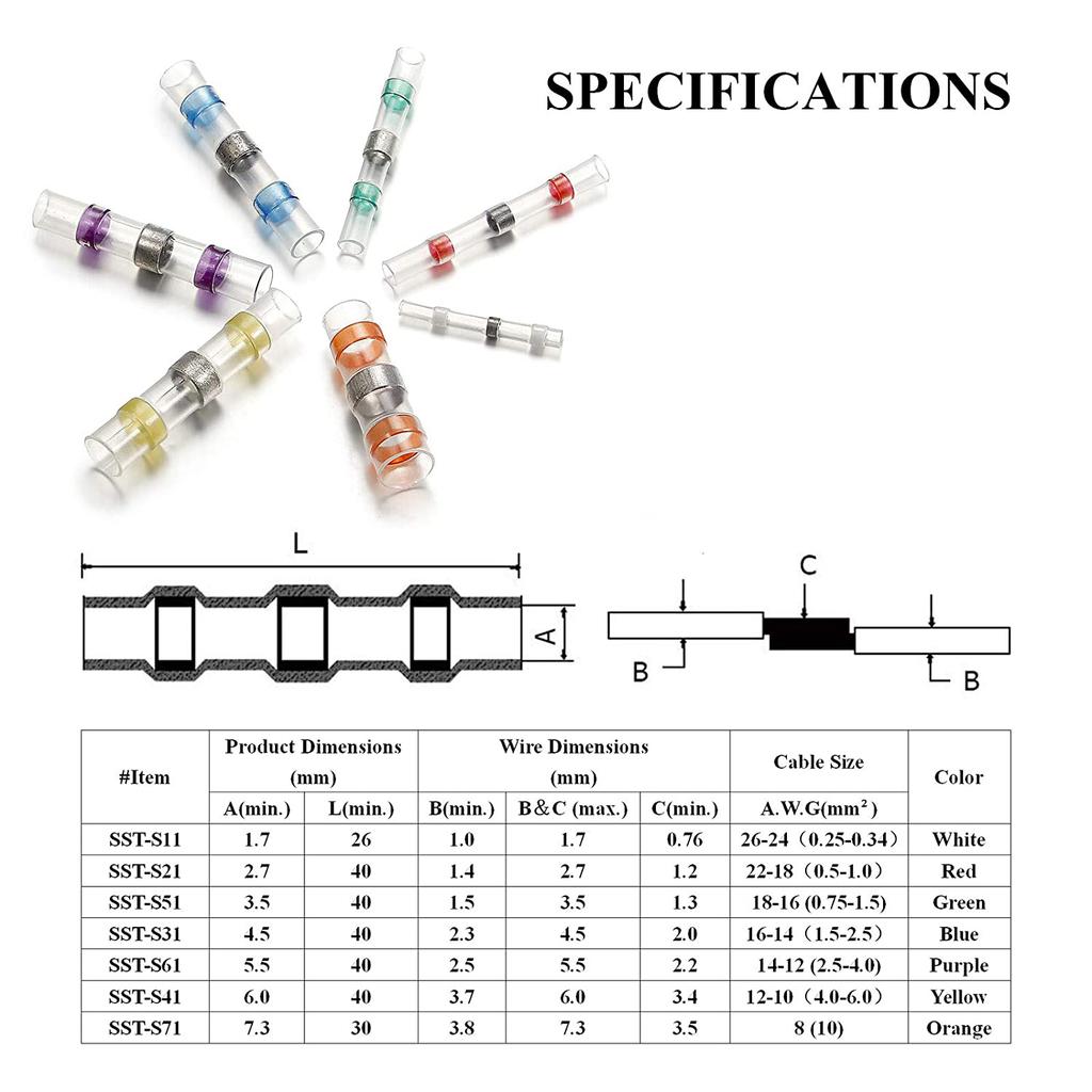100pcs Waterproof Solder Seal Heat Shrink Butt Wire Connectors Terminals Electrical Copper with a Soldering Sleeve
