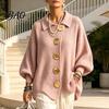 Frühling Herbst Pullover Damen Oversized Strick Cardigan Pullover, Hemdkragen Oberteil mit Großen Metall Freizeitknöpfen, Lockere Fledermausärmel für Weiche Hautfreundlichkeit