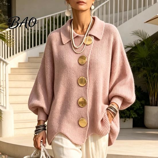 Frühling Herbst Pullover Damen Oversized Strick Cardigan Pullover, Hemdkragen Oberteil mit Großen Metall Freizeitknöpfen, Lockere Fledermausärmel für Weiche Hautfreundlichkeit
