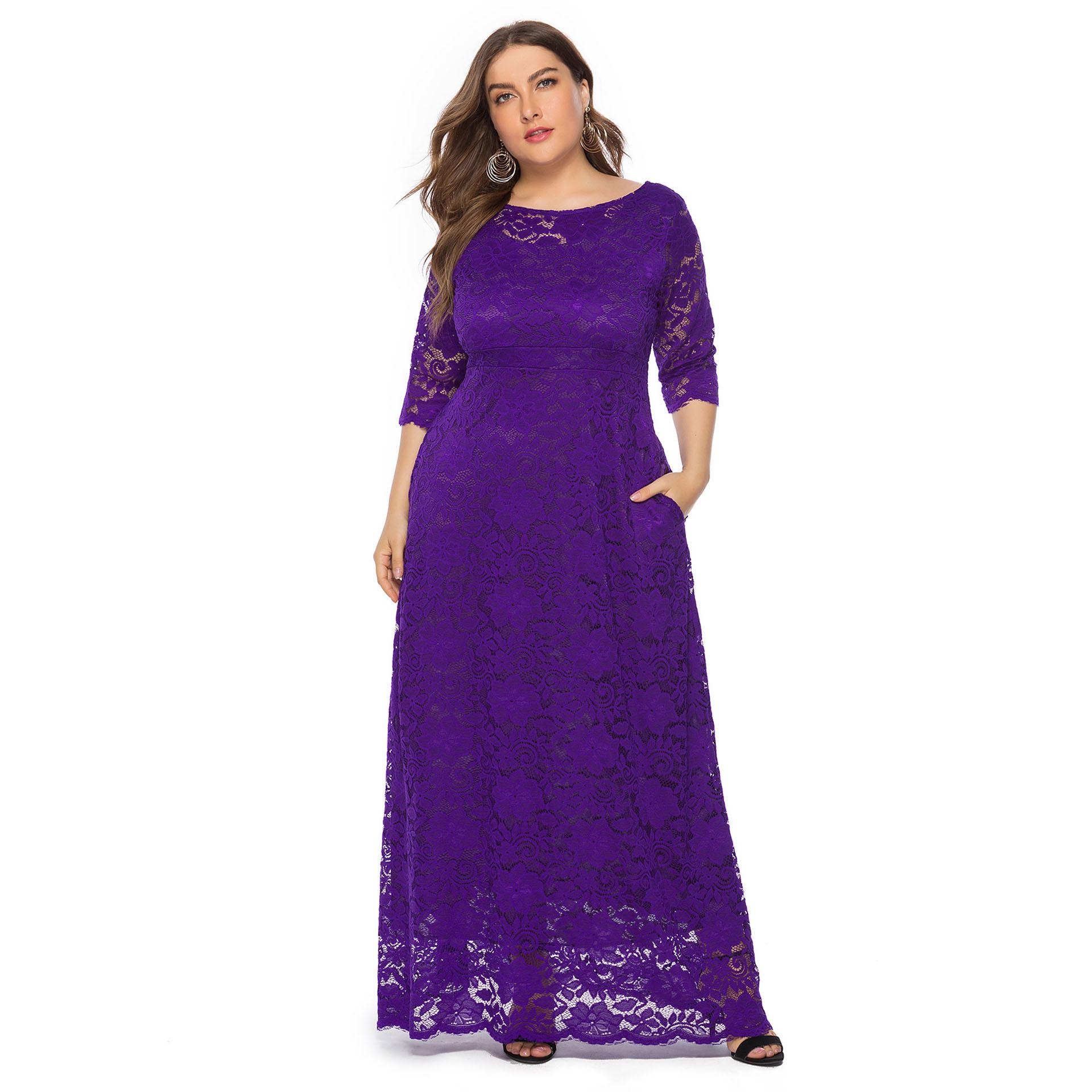 

Женское высокое качество больших размеров, женское полое кружевное платье с карманами, европейское и американское вечернее платье, длинное платье 6XL темно-фиолетового