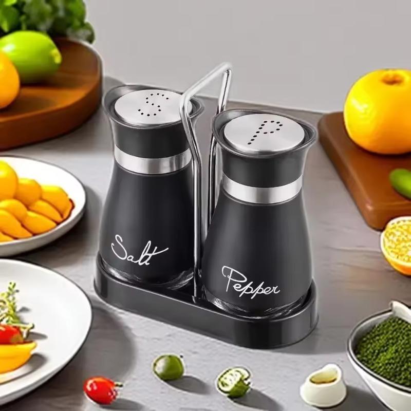 2pcs Glass Spice Bottle Adjustable Refillable Salt and Pepper Shakers with Shelf Spice Dispenser Pour Holes Kitchen Gadget