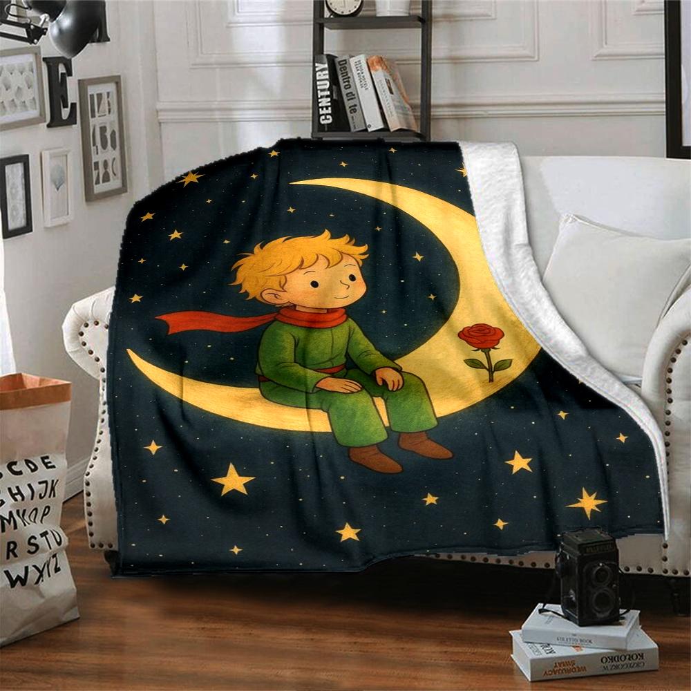 Coperta Stampata Tema Il Piccolo Principe - Perfetta per Divano, Letto, Viaggio e Uso Esterno | Lavabile in Lavatrice, Accogliente e Resistente.