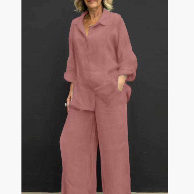 

Женские весенне-летние повседневные брючные костюмы Весенний костюм Стильный Хлопковый и Льняной костюмный набор с рубашкой с длинным рукавом и брюками широкого кроя 5XL розовый