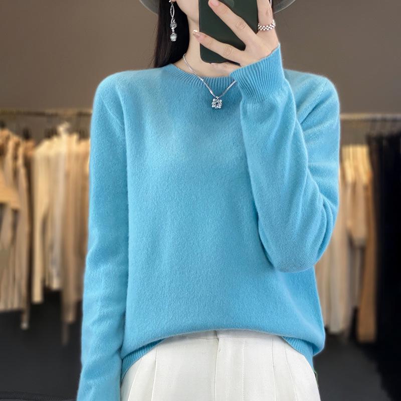 Women's 100% Wool Round Neck Sweater – Casual, Loose Knitwear, Minimalist Base Layer
