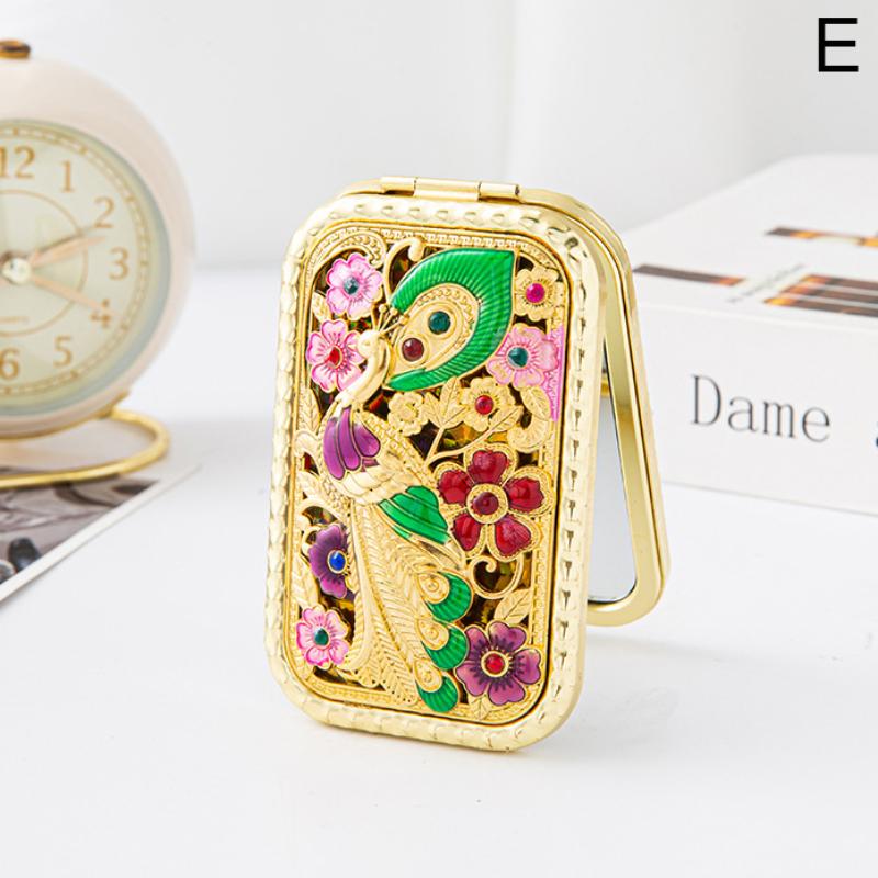 Foldable Retro Handheld Makeup Mirror Peacock Printed Compact Pocket Mirror Double Sided Rectangular Makeup Dressing Mirror