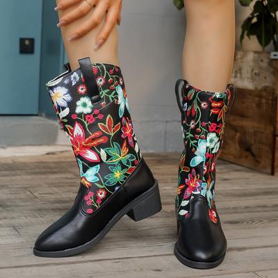 2024 European and American Winter New Round Head Flower Medium Boots Women's Foreign Trade Large Size Splicing Thick Heel Sleeve Martin Boots