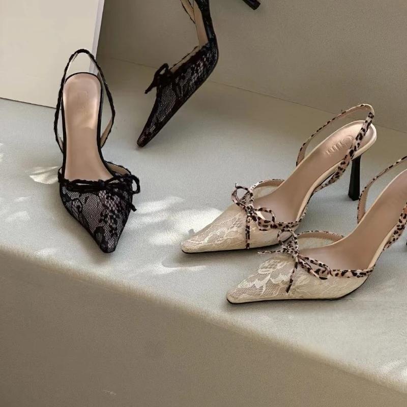 Women's High Heel Sandals Leopard Print Lace Pointed Toe Bow Heels Women Dress Summer Sexy Designer Style Zapatillas De Mujer