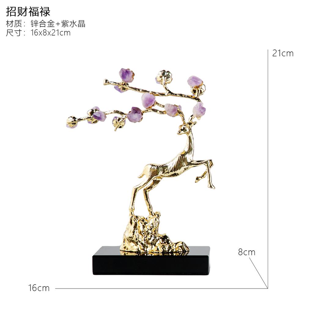 Metal Handicrafts Crystal Deer Figurine Simulation Animal Sculpture Natural Crystal Metal Figurine Home Decoration Accessories