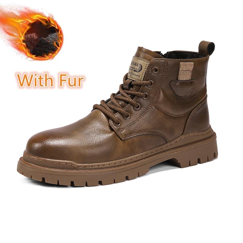 

Модные повседневные кожаные мужские мотоциклетные ботинки осень-зима высокие туфли деловые британские ботильоны теплая плюшевая подкладка базовые ботинки 44