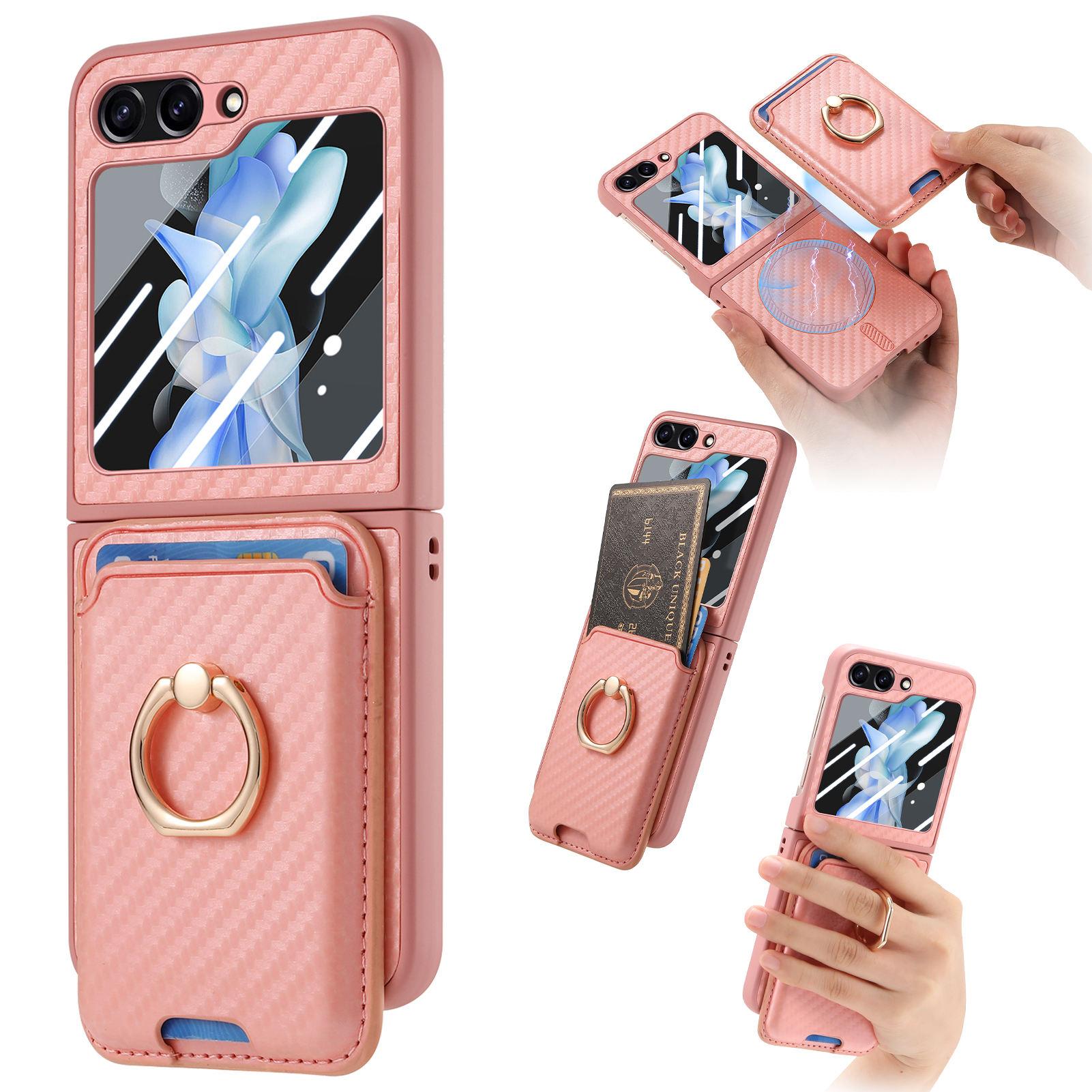 

For Samsung Galaxy Z Flip6 5G Case Ring Kickstand Card Slot Phone Cover with Rear Screen Film Pink