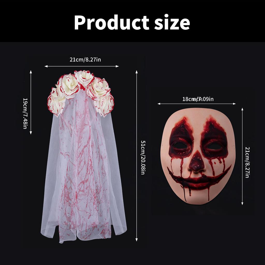 Adult Gothic Bride Halloween Costume Veil Flower Headband Bloody Hairhoop Dark Series Scary Ghost Bride Facemask Props