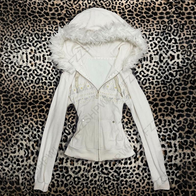 VAYLA Y2K Harajuku Gothic Damen Kapuzenpullover Sexy Schlank Schick Wildleder Pelzkragen Buchstabenprint Strickjacke Sweatshirt Ästhetisch Damen Streetwear