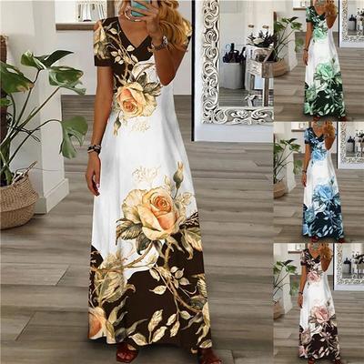 Women Summer Maxi Dress Casual V Neck Hort Sleeve Boho Dress Print Patchwork Slim Fit Party Dress