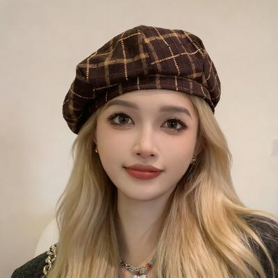 French Style Vintage Plaid Beret Hat for Women British Retro Wool Blend Artist Hat for Autumn Winter Daily Street Wear