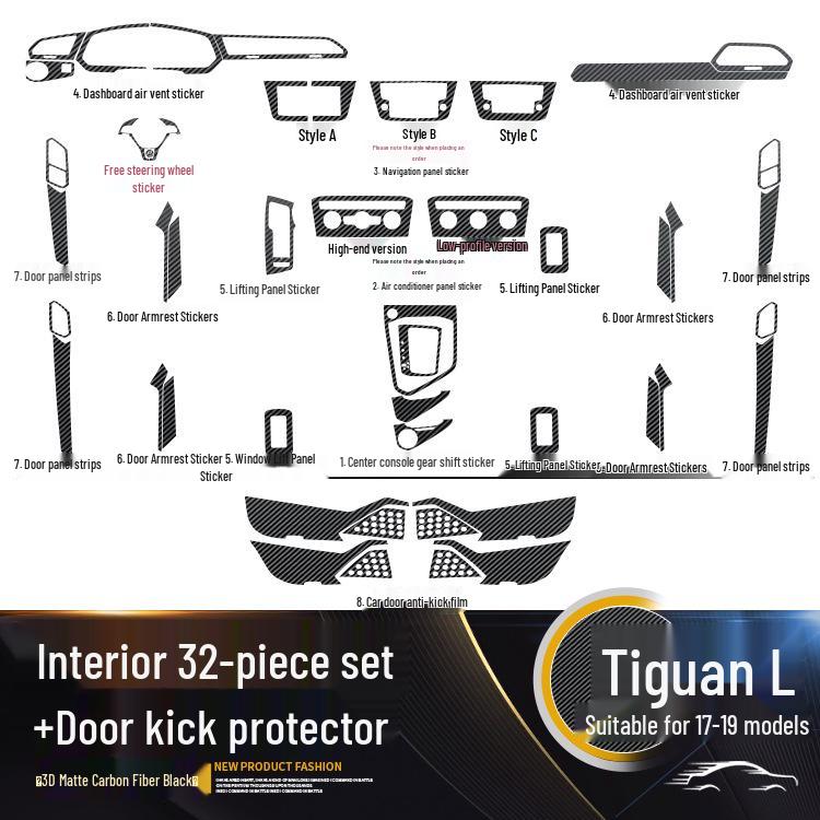 Volkswagen Tiguan L Interior Carbon Fiber Film (2017-2019) - Anti-Scratch, Anti-Kick, Center Console & Door Coverage
