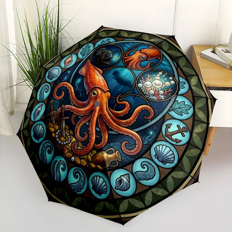 Ocean Mystery Glass pattern umbrella, portable and foldable design, 8 ribs, a casual accessory for Halloween, Christmas, and birthday gifts.