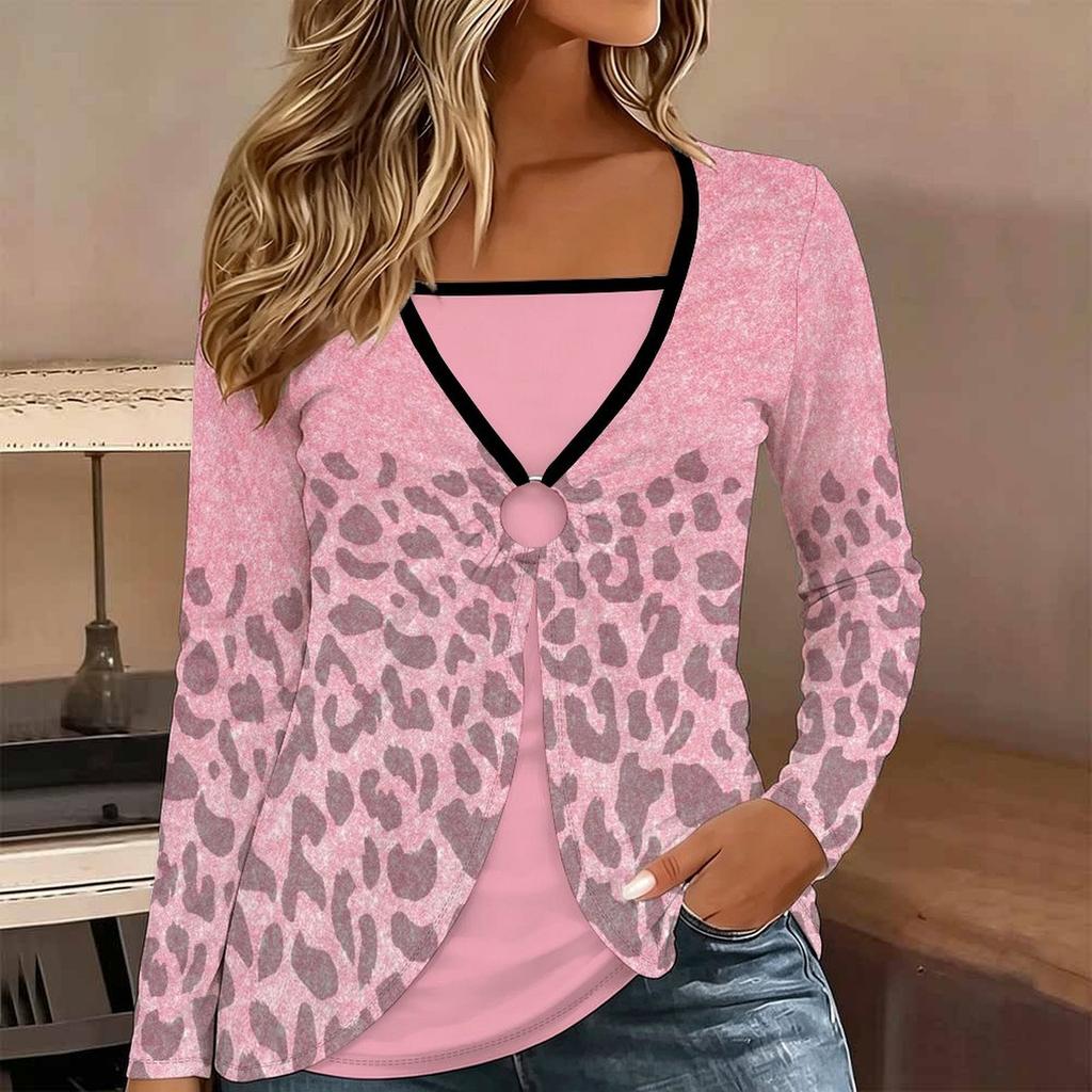 Tops for Women Floral Print Long Sleeve Fake Two‑Piece Top Fall Casual Slim Pullover Women's Long Sleeve Top