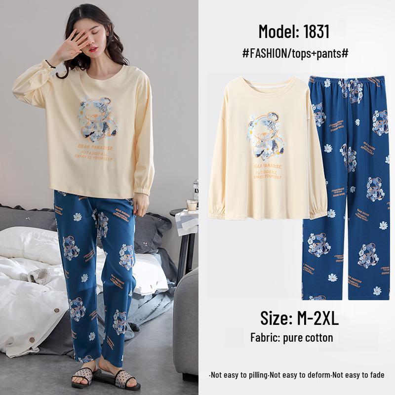 Ensemble de Pyjama pour Femme 100% Coton – Respirant, Absorbant la Sueur, Manches Longues Col Rond pour Porter à l'Intérieur et à l'Extérieur (Automne hiver)