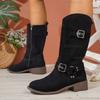 Fashion Suede Western Cowboy Boots Women 2025 Autumn Vintage Metal Buckle Black Ankle Boots Woman Thick Heels Side Zip Short Boties 42