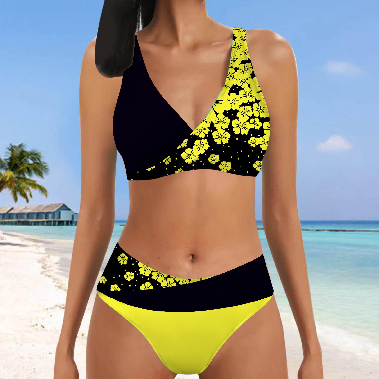 

Женский купальник-бикини-танкини с бретелькой на шее, черный, оранжевый, с принтом вишневого цвета 5XL жёлтый