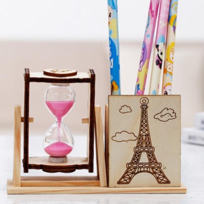 1pcs Wood Sand Glass Hourglass Timer Clock with Pen Holder Home Office Desktop Decor Handmade Craft Gifts