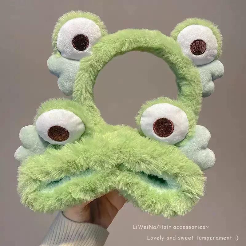 Süßes Plüsch-Grünes-Herz-Froschkopf-Stirnband für Damen - Cartoon-Frosch-Haarband zum Gesichtswaschen