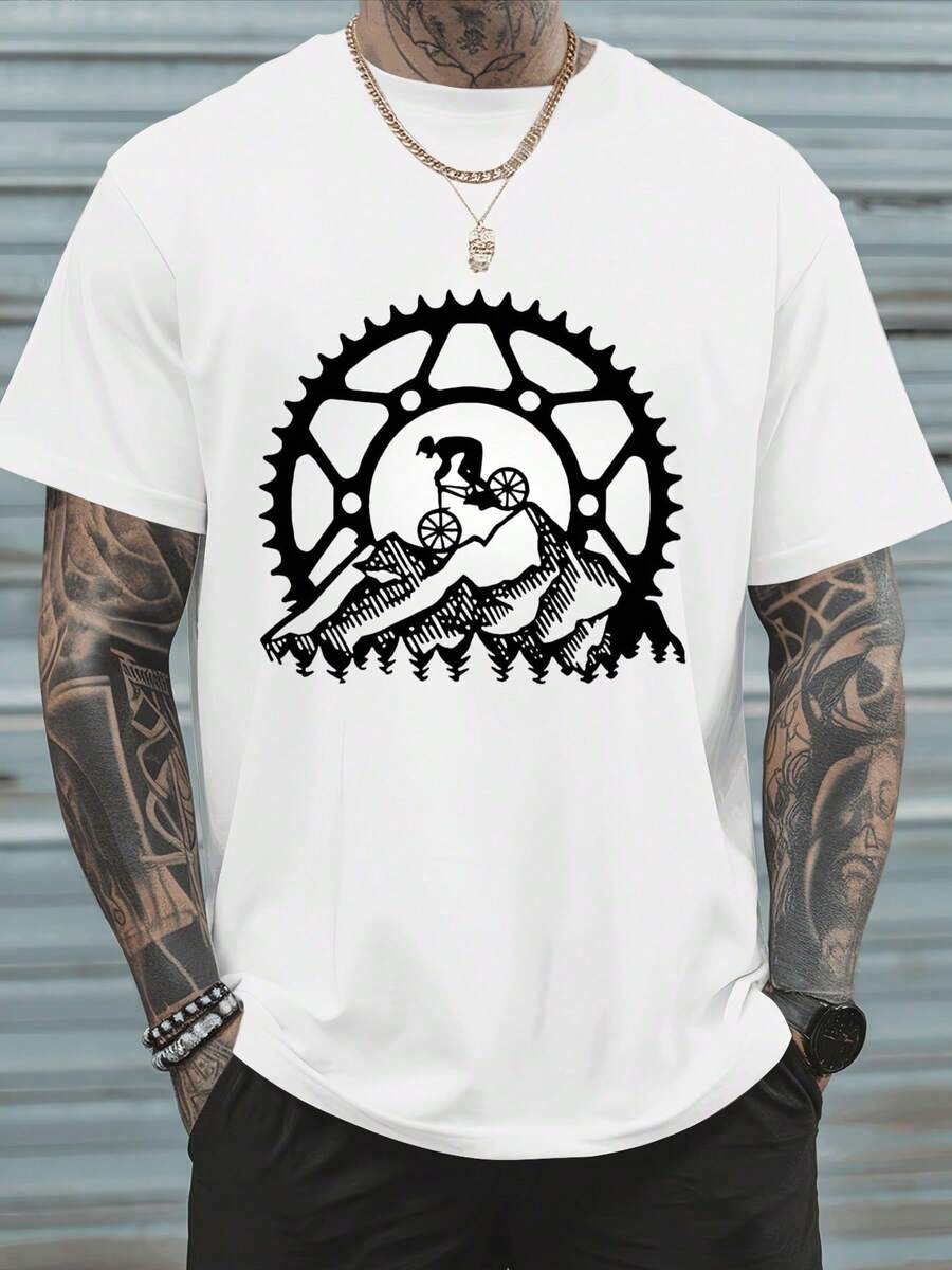 

Unisex s Casual T-Shirt With Mountain Biking And Gear Graphic Print Casual Short-Sleeved T-Shirts S