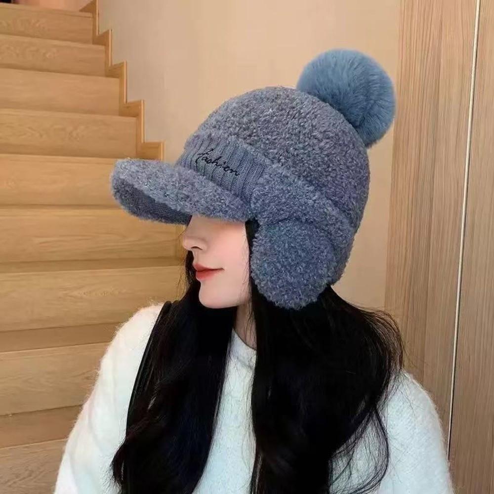 Solid Color Warm Earmuffs Cap Windproof Pompom Plush Beanie Fashion Ear Flap Protection Hat  Women