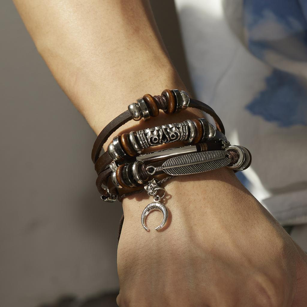 Vintage Multi-layer Feather Moon Leather Braid Bracelets Bangles For Men Handmade Geometric Star Rope Wrap Bracelet Jewelry Gift