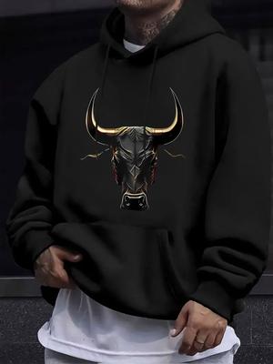American Western Style Unisex Autumn Winter Print Hooded Long Sleeve Sweatshirt, Realistic Black Bull Head Wild Style Print Hoodie, American Western D
