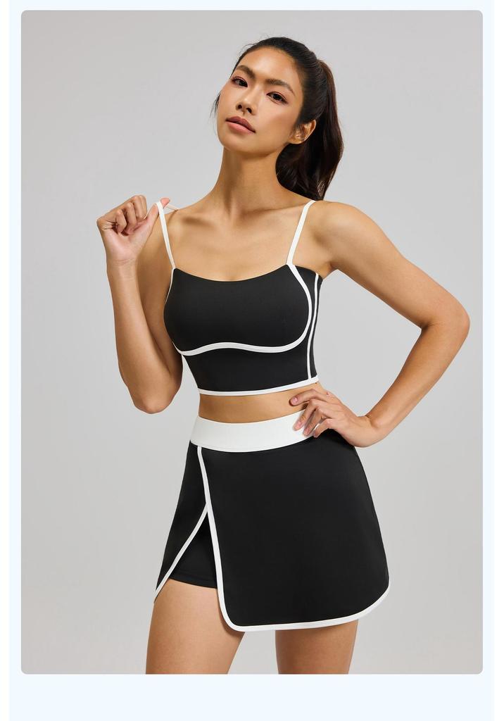 Women's Color-Block Sports Vest & Slit Mini Skirt Set: Elastic Fit, Fixed Cup, Streamlined Yoga Wear