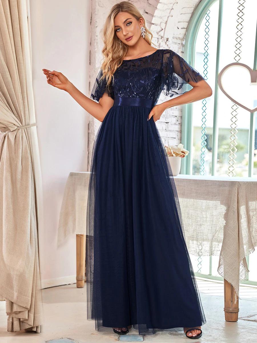 

Elegant Plus Size Sequin Embroidered Evening Gown with Mesh Hem XXL королівський синій колір