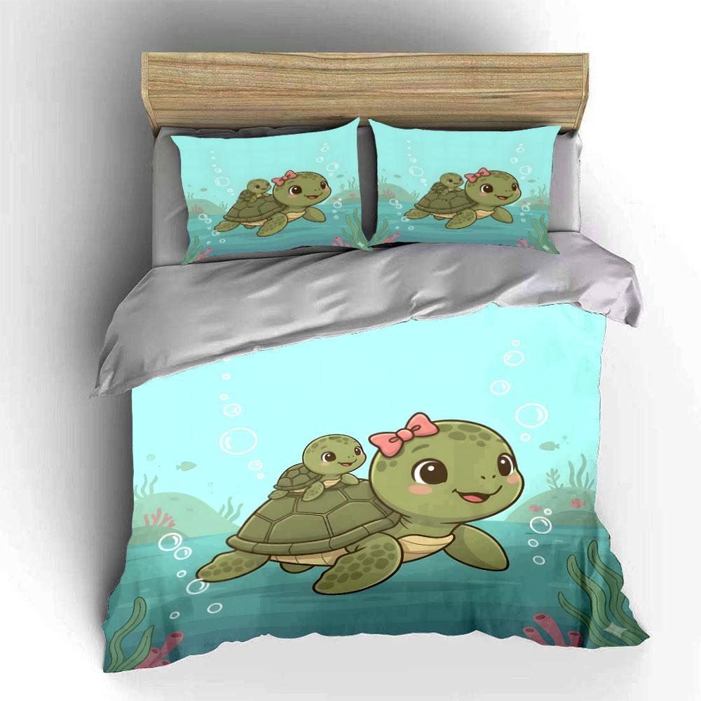Adorable Turtles In Ocean Cartoon Print Bedding Set 1 Duvet Cover 2 Pillowcases For Adult And Children Luxury Gift Full Size
