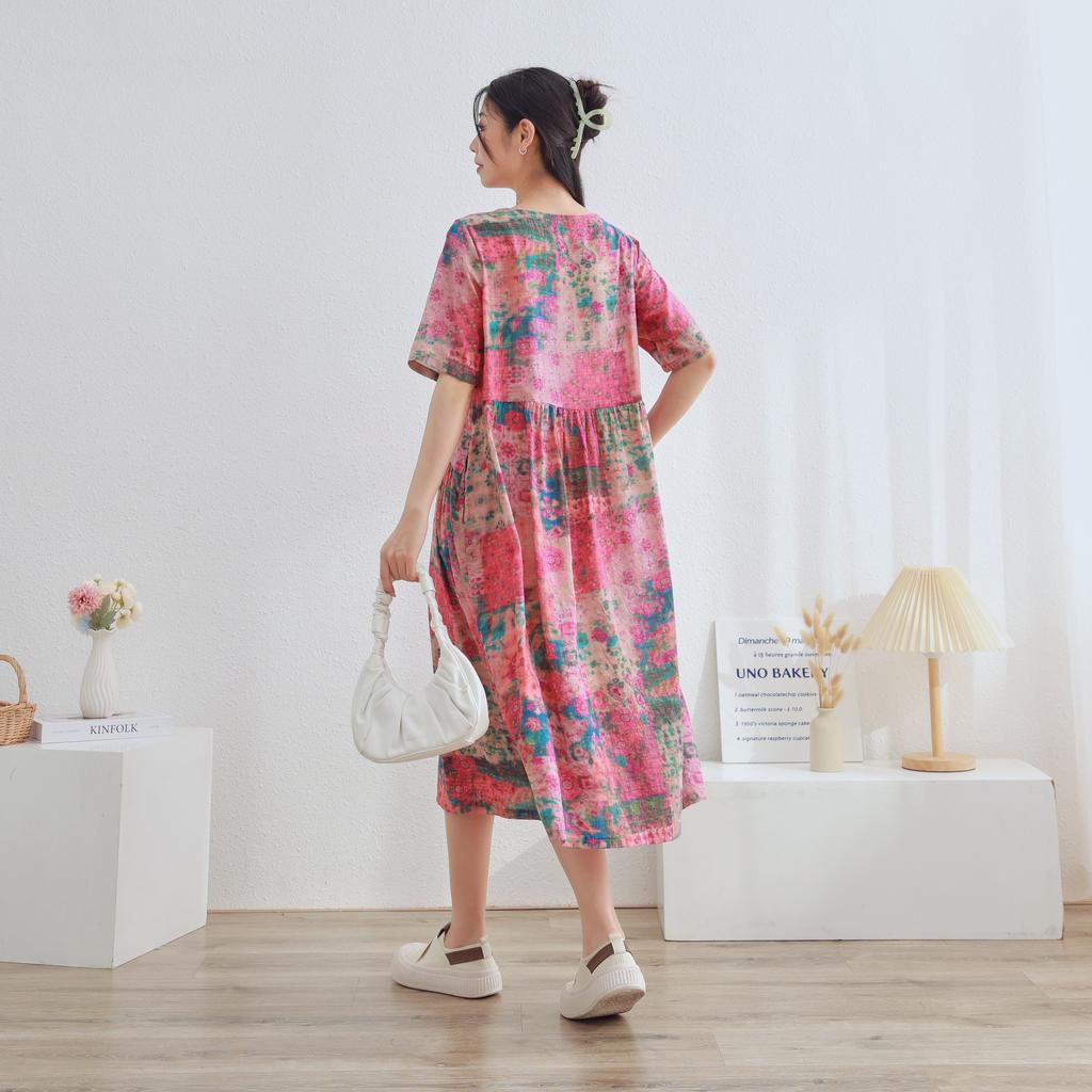 Dimanaf 2025 Women Plus Size Pink Summer Dress Casual Floral Dress Basic Vintage Loose Long Dress