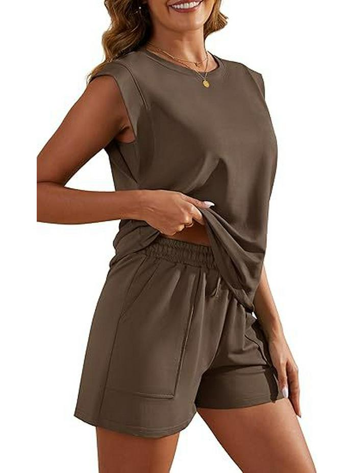 Women's 2026 Summer Solid Color Two-Piece Set: Round Neck Top & Pocket Shorts