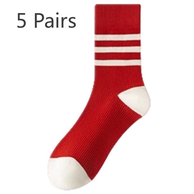 5 Pairs of Women's Autumn and Winter Pure Cotton Wedding New Year Boneless Red Socks