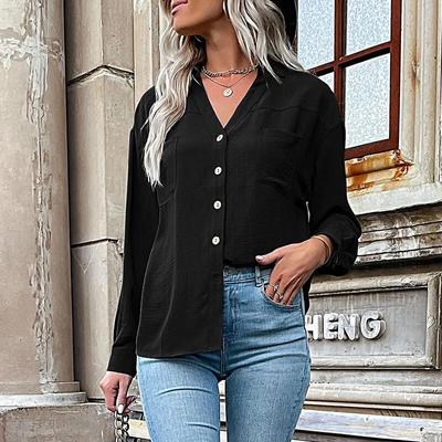 Camicia in tinta unita con tasca 2023 Camicetta con colletto rovesciato da donna Camicetta a maniche lunghe autunno Abiti larghi casual Blusas 29452
