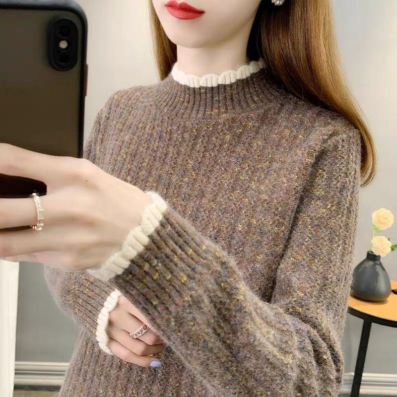Color Blocking Wavy Edge Women's Sweater Half High Neck Autumn Winter Knitted Top Base Women' Sweater