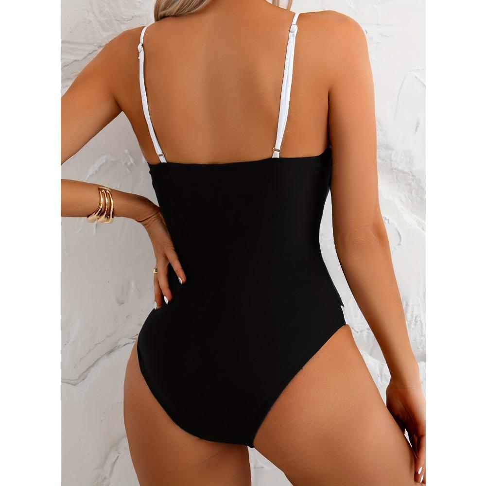 Women's One-Piece Swimsuit - Black & White Contrast Color Block, Thin Straps Backless Design, Summer Swimwear,Trendy Swimwear