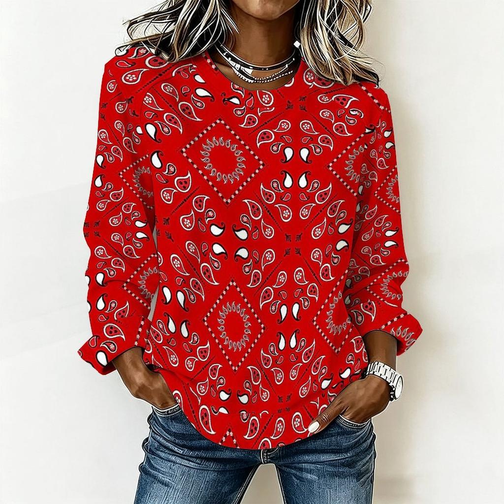 Women Oversized Long Sleeve T Shirt Abstract Wave Printed Casual Loose Daily Wear Blouse