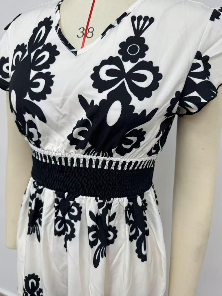 2025 European and American V-neck Waist-Cinching Summer Print Long Dress for Women