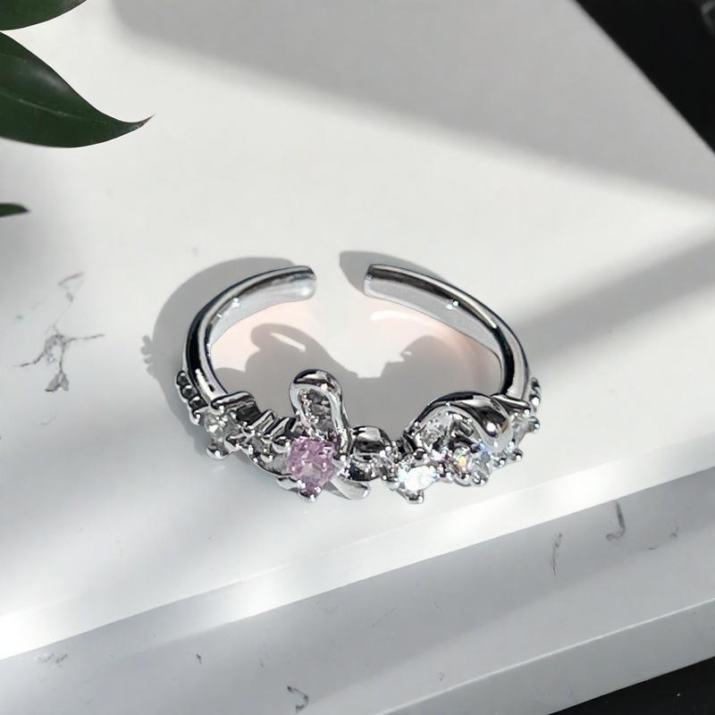 

Irregular Double Gypsy Star Row Ring Open Ring Sweet Pink Zircon Premium Niche Full Diamond Ring Female Adjustable opening
