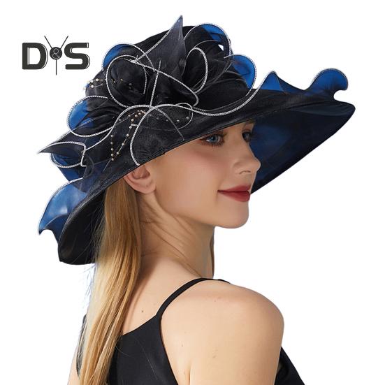 

Солнцезащитная шляпа с широкими полями из органзы с цветочным украшением из перьев и защитой от ультрафиолета, полупрозрачный материал, женская шляпа, головной убор чёрный