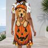 Women Plus Size Round Neck Short Sleeve A Line Dress Cute Cartoon Raccoon Pumpkin Printed