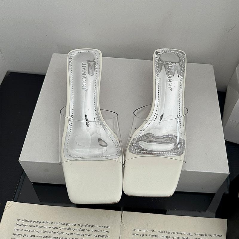 Fashion Fashion Transparent Heels Slippers Shoes For Women Footwear Square Toe Ladies Medium Heels Slippers Shoes Female Slides Sandals
