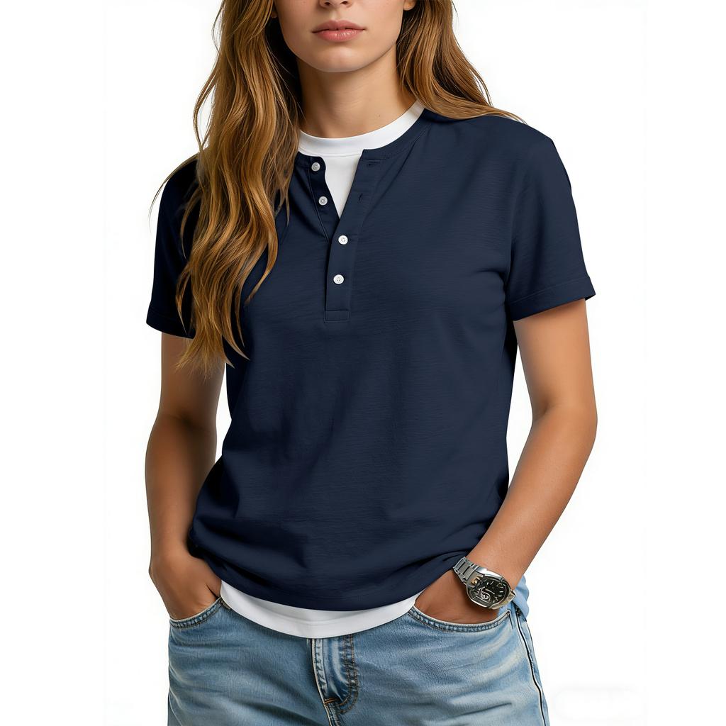Women's Casual Color V,neck Short,sleeved T,shirt With Decorative Buttons.