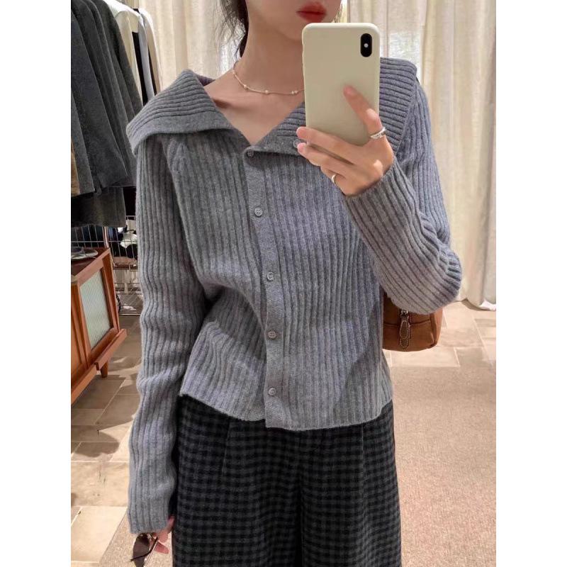 

Petite Women s Cashmere Cardigan Coat: Short, Ribbed, Woolen Knit for Autumn & Winter Large серый