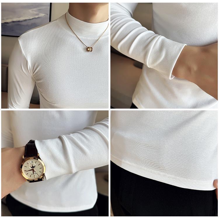 Men's Autumn Solid Color Slim Fit Semi-High Neck Long Sleeve T-Shirt